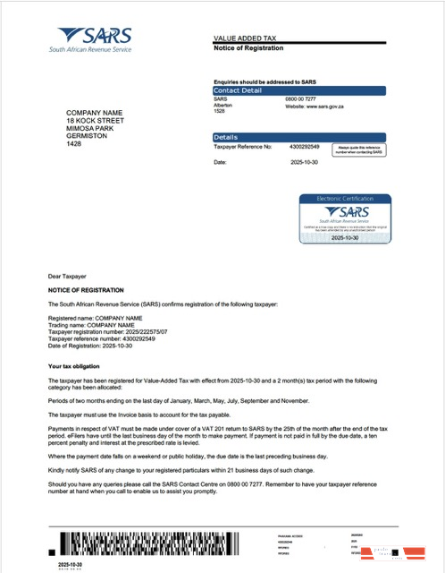 South Africa value added tax certificate Word and PDF template